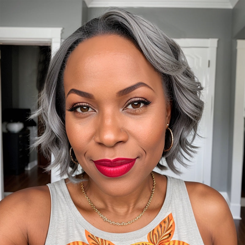 Put On & Go Salt And Pepper Short Glueless 5x5 Closure Lace Wig 100% Human Hair