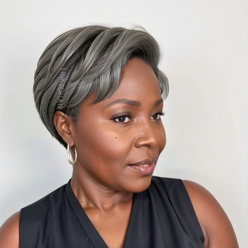 Salt And Pepper Short Pixie Cut 5x5 Lace C Part Wig 100% Human Hair