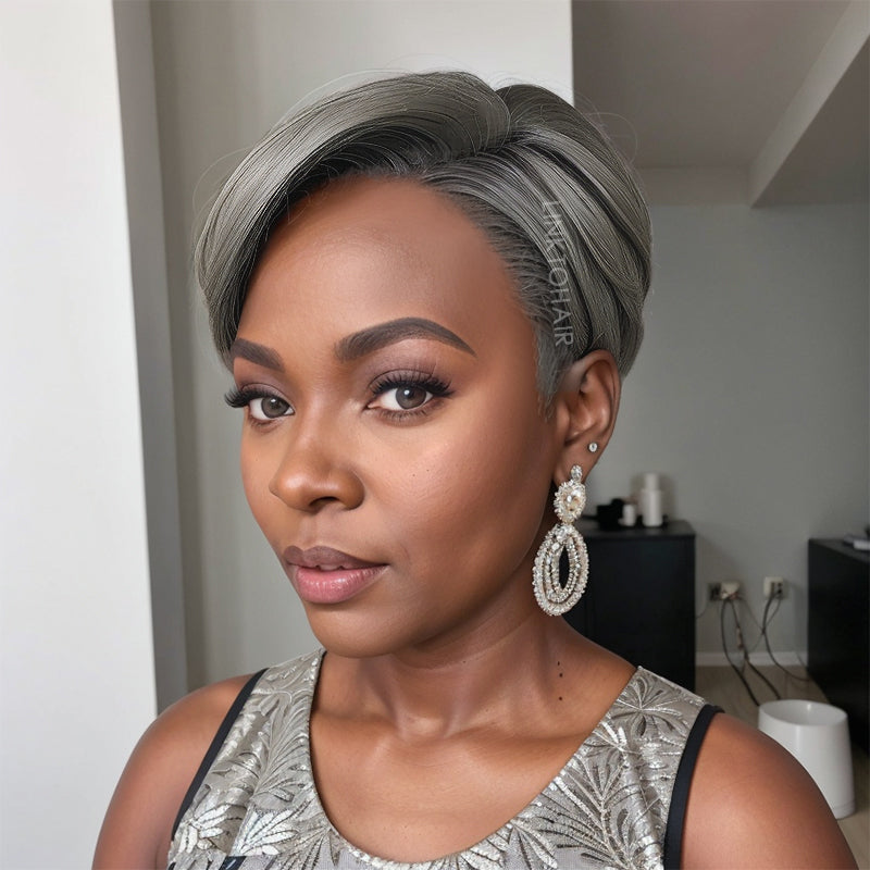 Salt And Pepper Short Pixie Cut 5x5 Lace C Part Wig 100% Human Hair