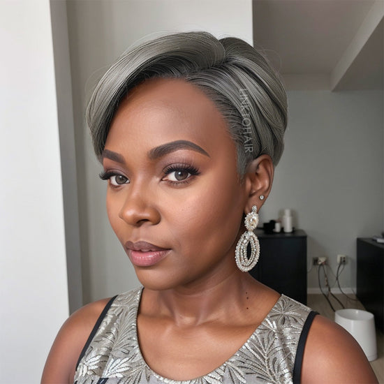 Salt And Pepper Short Pixie Cut 5x5 Lace C Part Wig 100% Human Hair