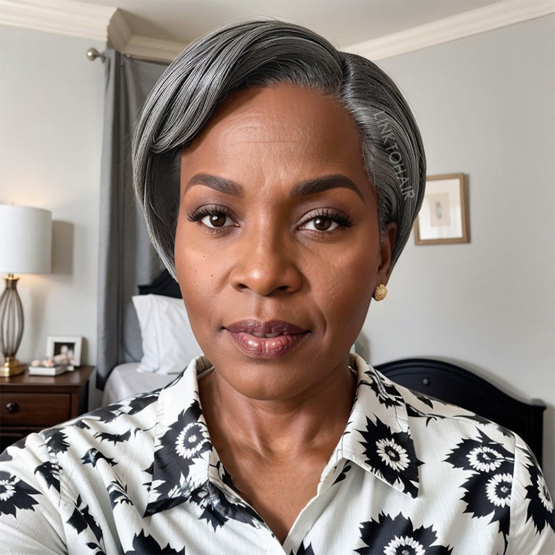 Salt And Pepper Short Pixie Cut 5x5 Lace C Part Wig 100% Human Hair