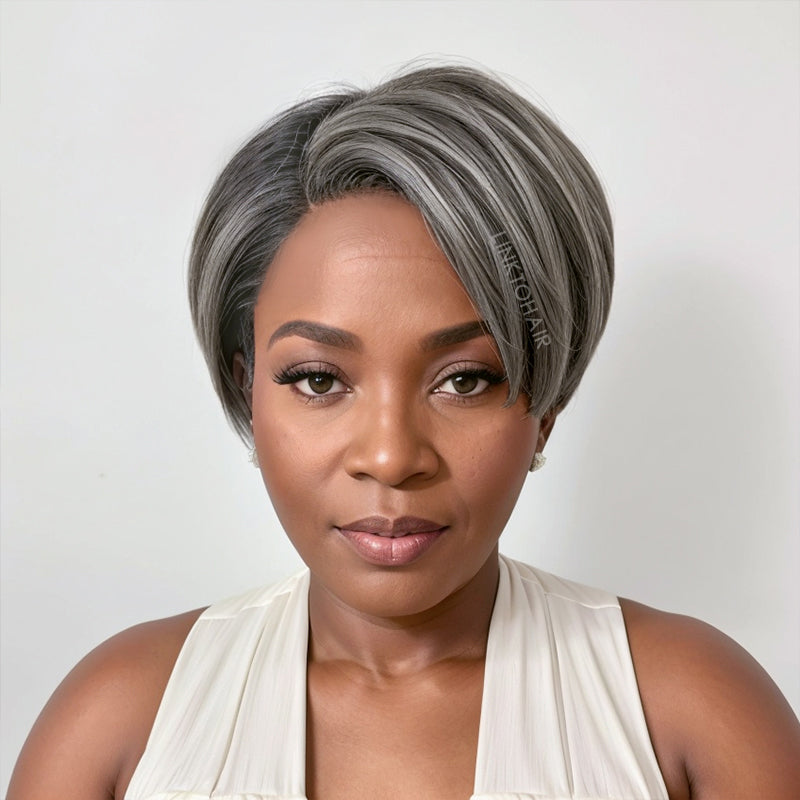 Salt And Pepper Short Pixie Cut 5x5 Lace C Part Wig 100% Human Hair