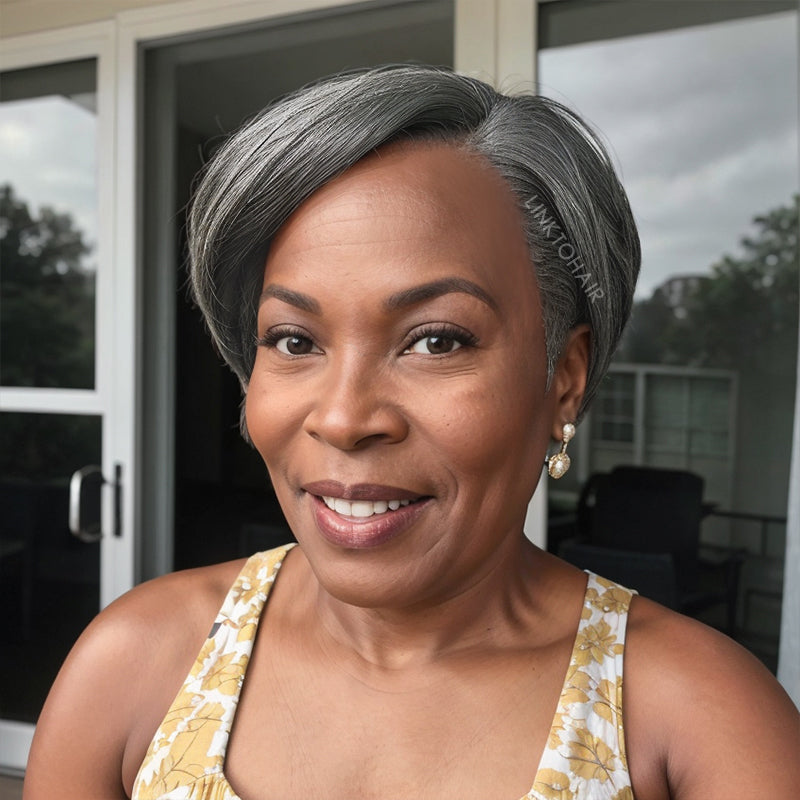 Salt And Pepper Short Pixie Cut 5x5 Lace C Part Wig 100% Human Hair