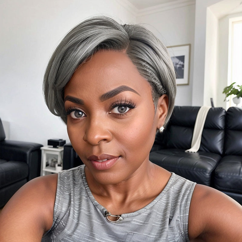 Salt And Pepper Short Pixie Cut 5x5 Lace C Part Wig 100% Human Hair