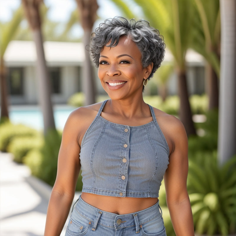 Whole Head Salt And Pepper Short Pixie Cut Glueless Human Hair Wig With Bangs