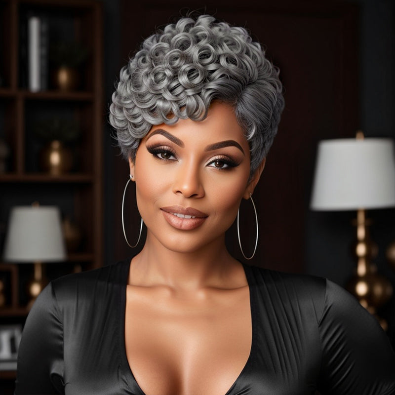 Salt And Pepper Short Pixie Cut Glueless Wig With Bangs 100% Human Hair