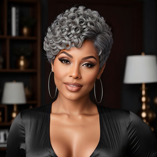 Salt And Pepper Short Pixie Cut Glueless Wig With Bangs 100% Human Hair