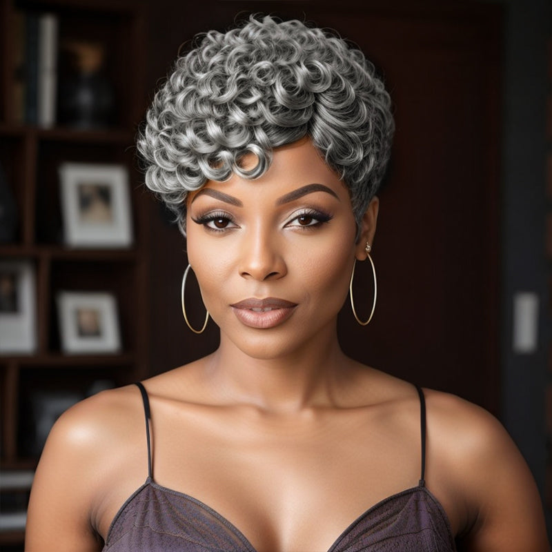 Salt And Pepper Short Pixie Cut Glueless Wig With Bangs 100% Human Hair