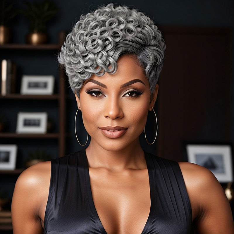 Linktohair Salt And Pepper Glueless Short Wave Wigs With Bangs Human Hair