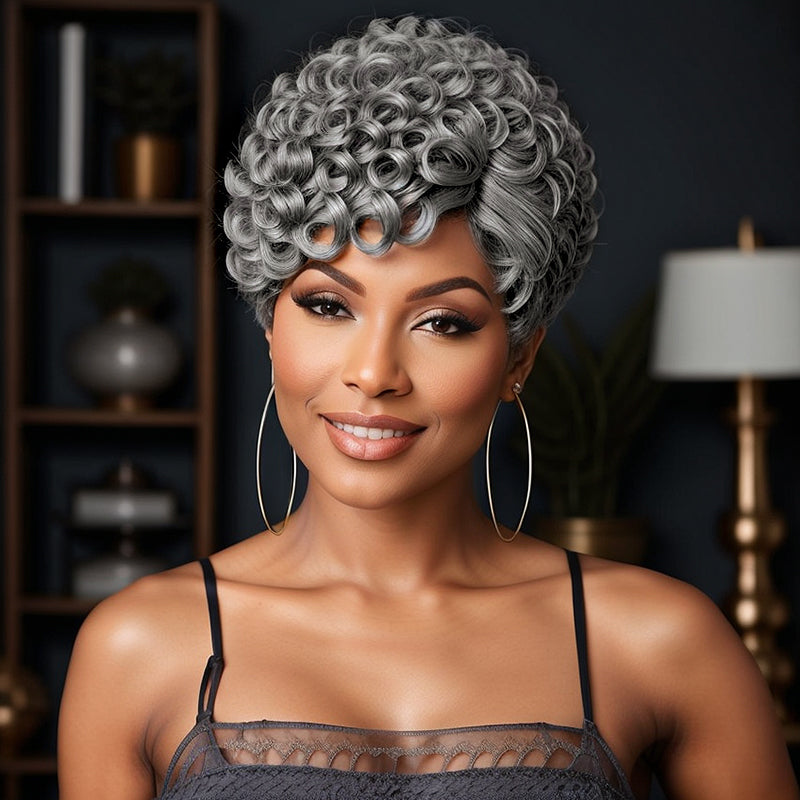 Salt And Pepper Short Pixie Cut Glueless Wig With Bangs 100% Human Hair