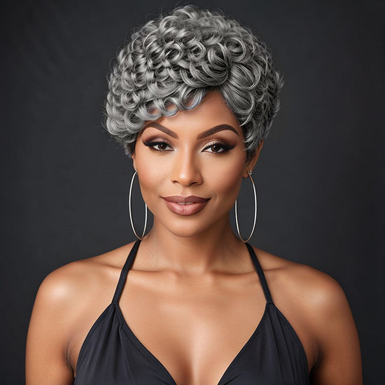 Salt And Pepper Short Pixie Cut Glueless Wig With Bangs 100% Human Hair