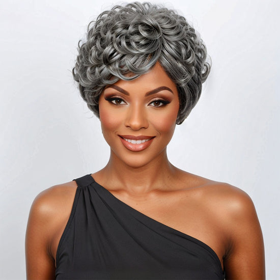 Salt & Pepper Short Pixie Cut Glueless Wig With Bangs 100% Human Hair