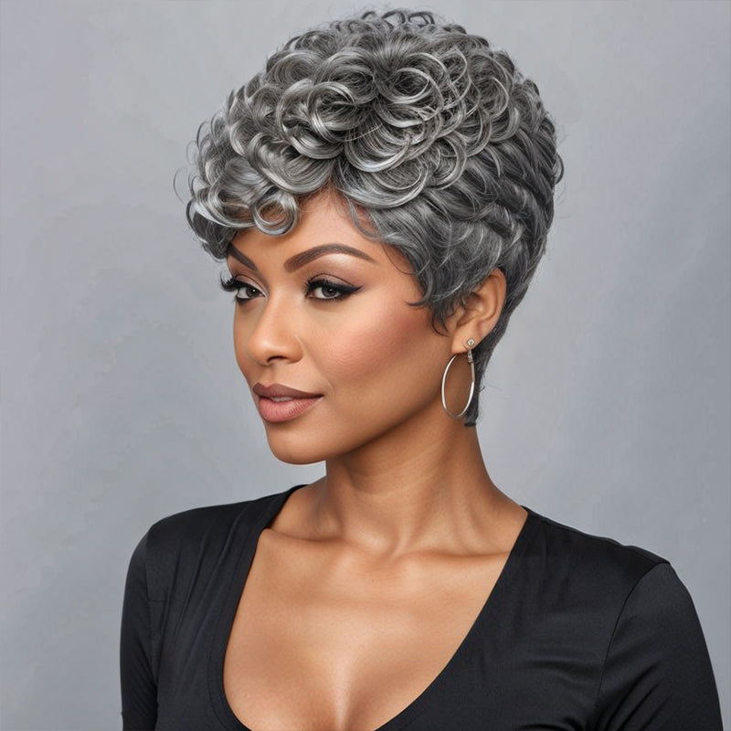 Salt And Pepper Short Pixie Cut Glueless Wig With Bangs 100% Human Hair
