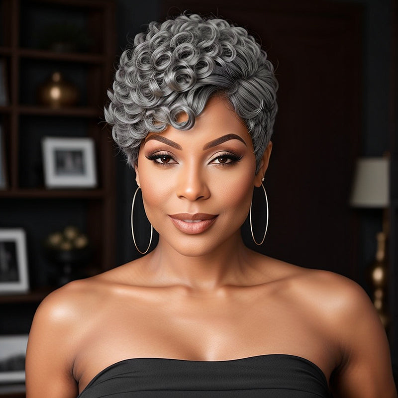 Salt And Pepper Short Pixie Cut Glueless Wig With Bangs 100% Human Hair