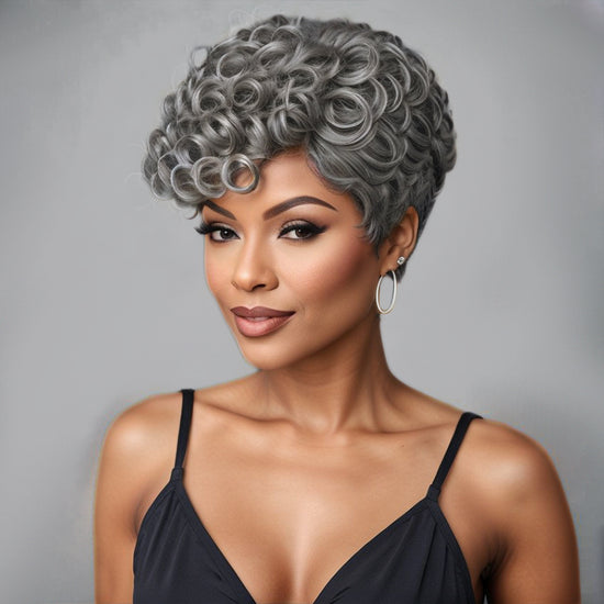 Linktohair Salt & Pepper Glueless Short Wave Wigs With Bangs Human Hair