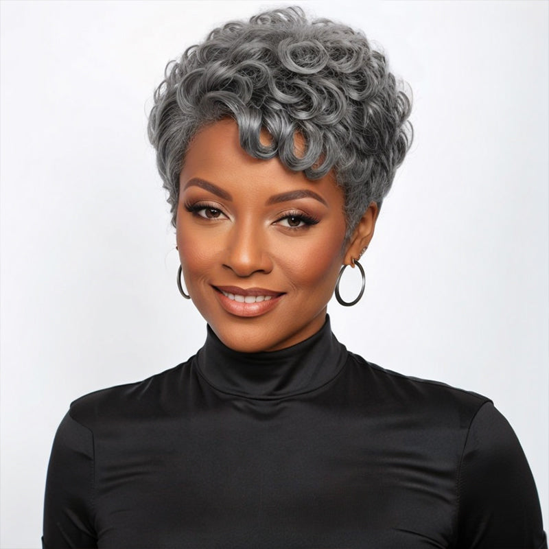 Salt And Pepper Short Pixie Cut Glueless Wig With Bangs 100% Human Hair