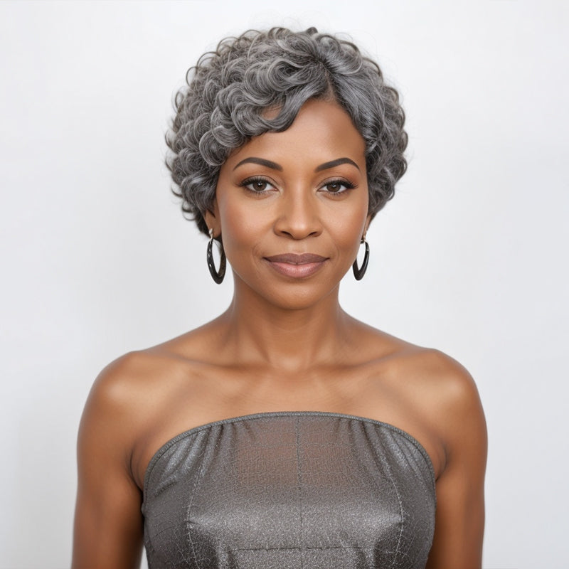 Load image into Gallery viewer, Whole Head Salt &amp;amp; Pepper Color Short Pixie Cut Glueless Wig With Natural Wave Bangs

