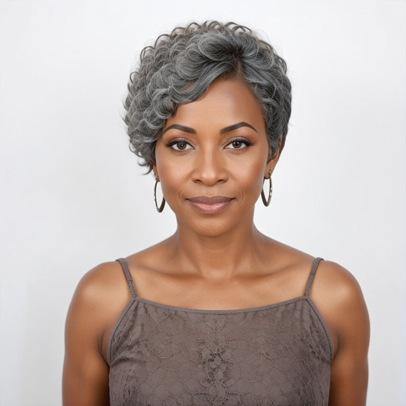 Whole Head Salt & Pepper Color Short Pixie Cut Glueless Wig With Natural Wave Bangs