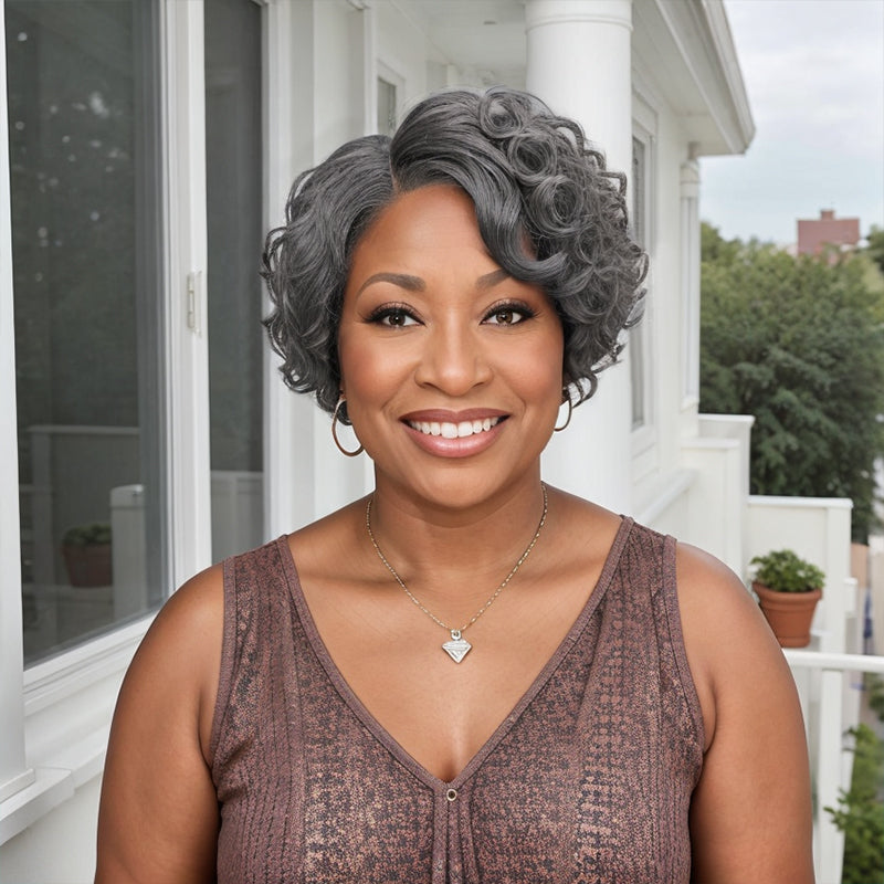 Salt And Pepper Short Wavy 5x5 Closure Lace Side Part Bob Glueless Human Hair