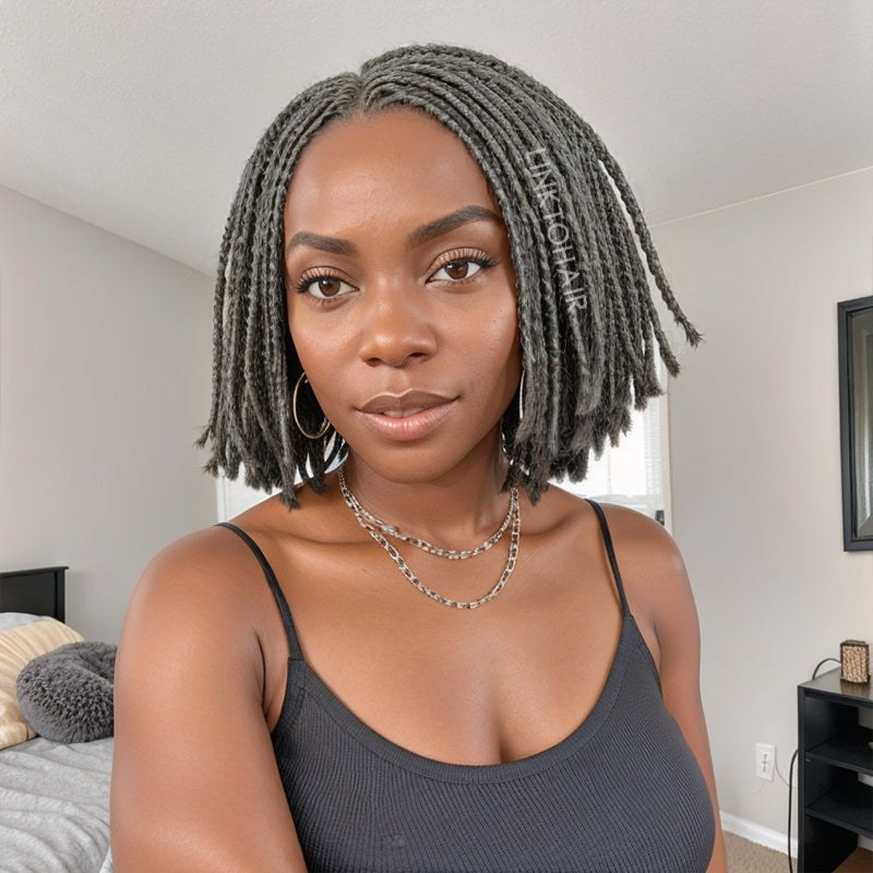 Salt And Pepper Twists Braided Hairstyles Wigs 5x5 Closure Lace Glueless Human Hair