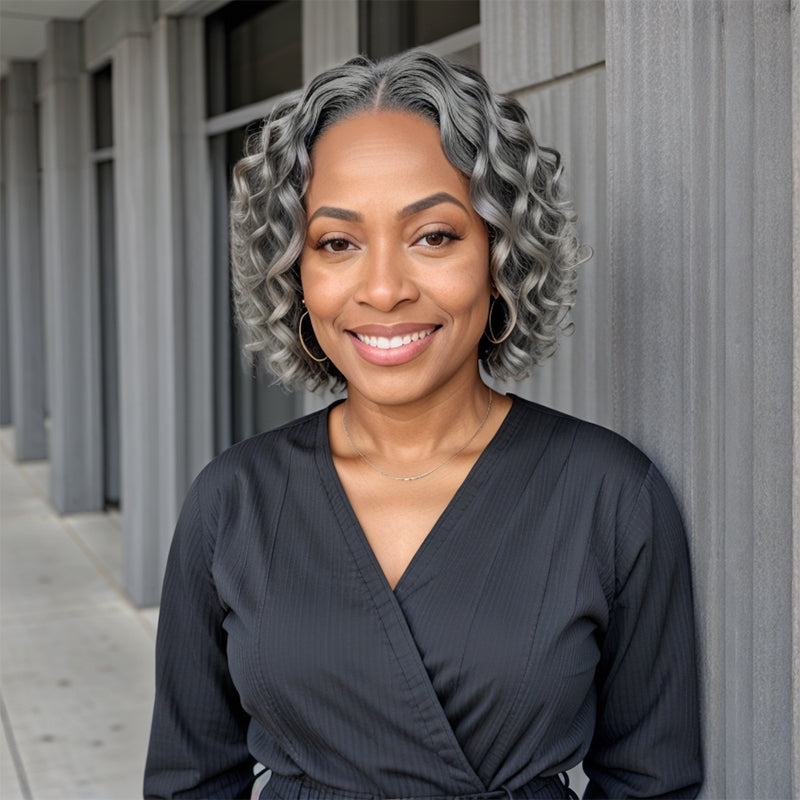 Salt And Pepper Water Wave 5x5 Closure Lace Short Bob Glueless Human Hair Wigs