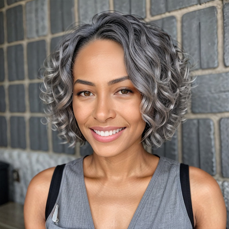 Salt And Pepper Water Wave Glueless 5x5 Closure Lace Bob Wig 100% Human Hair