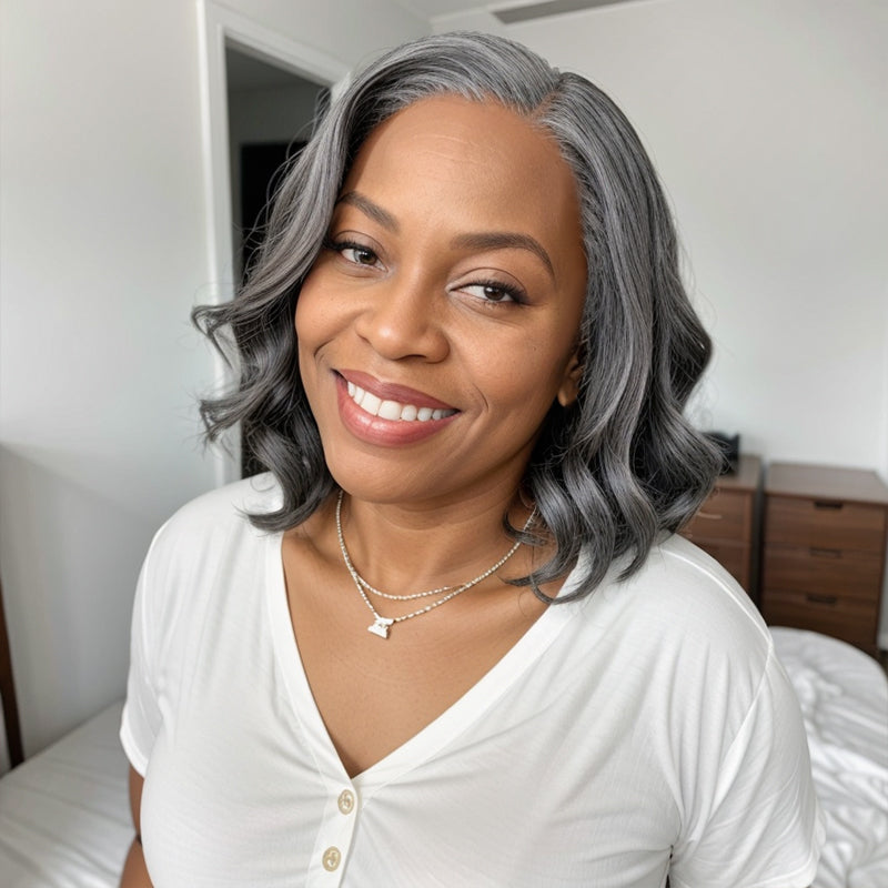 Salt And Pepper Loose Wave Short Bob Glueless 5x5 Closure Lace Wig | Limited Design
