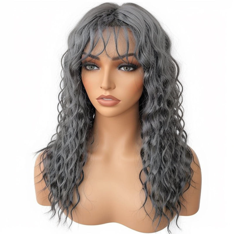 Salt & Pepper Wavy Curly Wig with Bangs 100% Human Hair Wigs Ready & Go