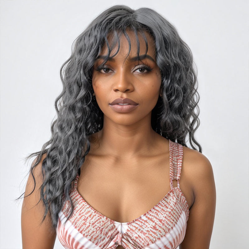 Salt & Pepper Wavy Curly Wig with Bangs 100% Human Hair Wigs Ready & Go