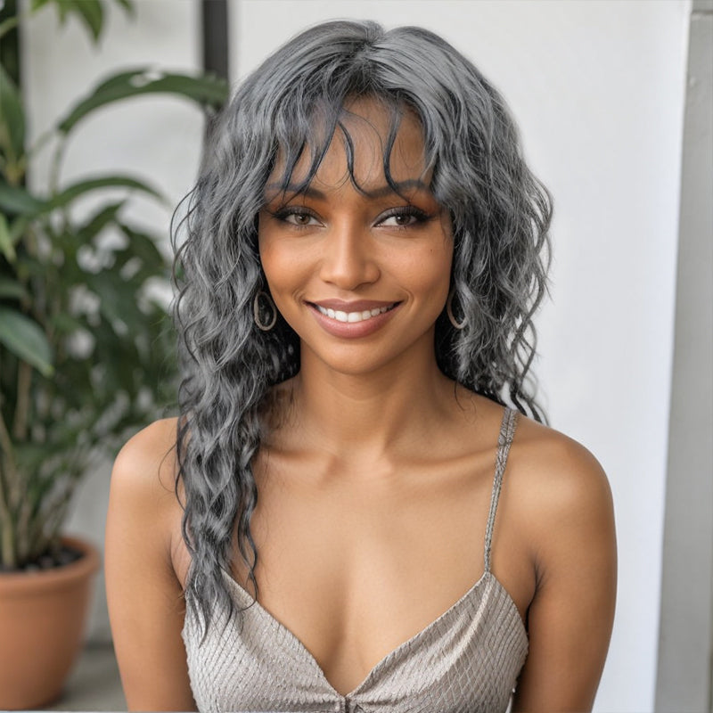 Salt & Pepper Wavy Curly Wig with Bangs 100% Human Hair Wigs Ready & Go
