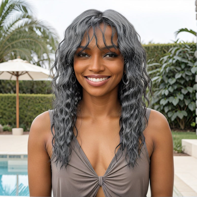 Salt & Pepper Wavy Curly Wig with Bangs 100% Human Hair Wigs Ready & Go