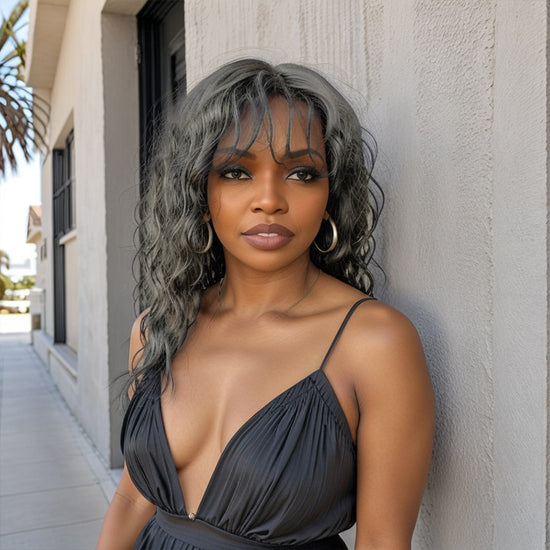 Salt And Pepper Wavy Curly Wig with Bangs 100% Human Hair Wigs Ready & Go