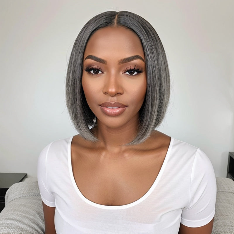 Load image into Gallery viewer, Salt and Pepper Highlight Wig Human Hair 5x5 Straight Lace Front Wig
