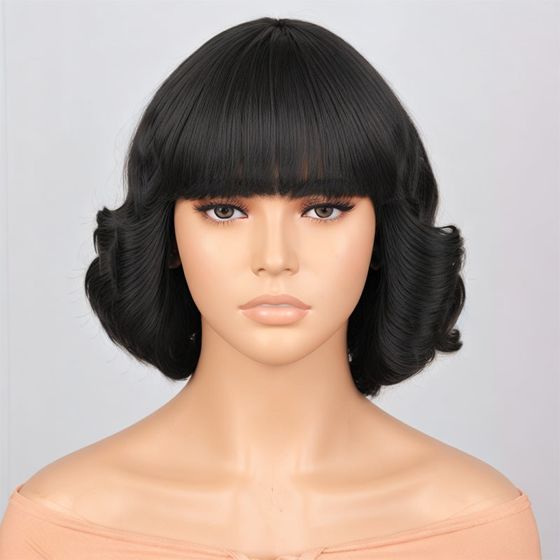 Short Black /Light Brown Bob Wig with Bangs Body Deep Wave Natural Remy Human Hair Wig