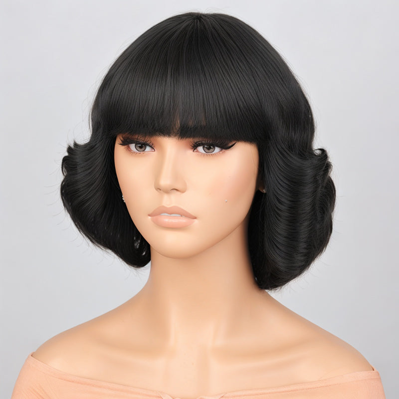 Short Black /Light Brown Bob Wig with Bangs Body Deep Wave Natural Remy Human Hair Wig