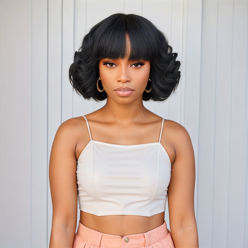 Short Black /Light Brown Bob Wig with Bangs Body Deep Wave Natural Remy Human Hair Wig