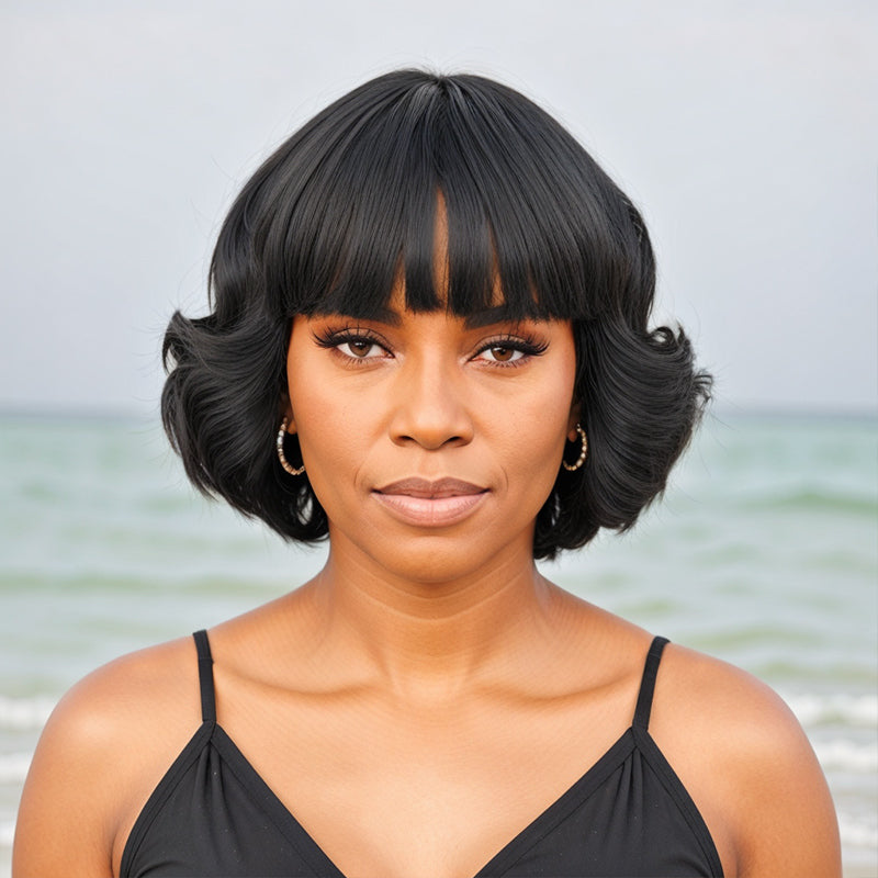 Short Black /Light Brown Bob Wig with Bangs Body Deep Wave Natural Remy Human Hair Wig