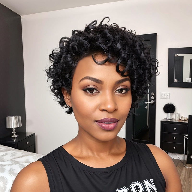 Short Black Human Hair Wig Glueless Bob Deep Curly 5x5 Closure Pre-cut Lace Wig For Summer