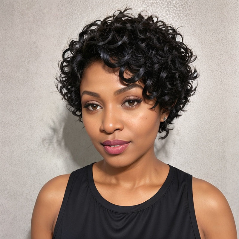 Short Black Human Hair Wig Glueless Bob Deep Curly 5x5 Closure Pre-cut Lace Wig For Summer