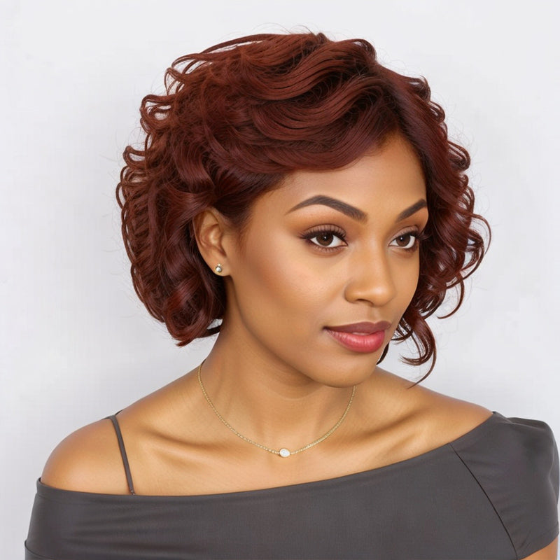 Short Curly Brown Wig 5x5 Closure Lace Glueless Bob Side Part Human Hair