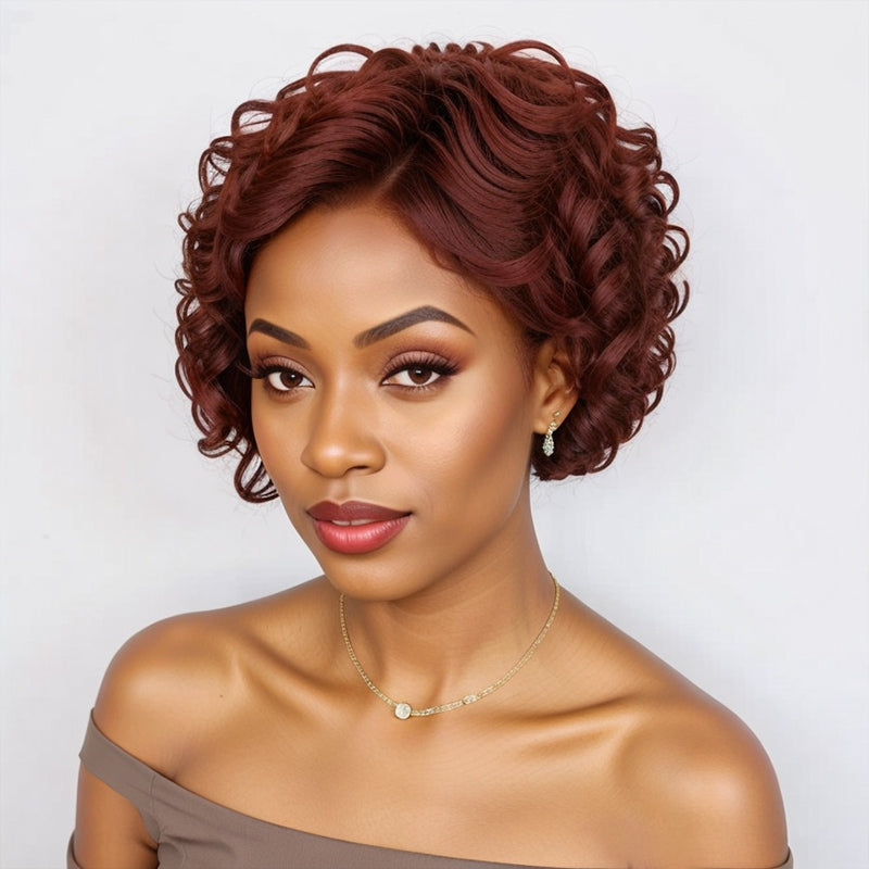 Short Curly Brown Wig 5x5 Closure Lace Glueless Bob Side Part Human Hair