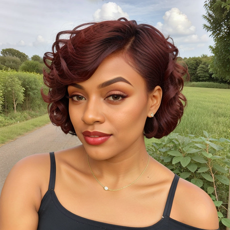 Short Curly Brown Wig 5x5 Closure Lace Glueless Bob Side Part Human Hair
