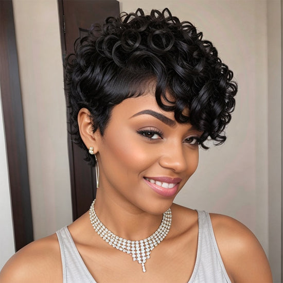 Load image into Gallery viewer, Short Natural Black Glueless Chic Curly Wig With Swept Bangs 100% Human Hair Wigs
