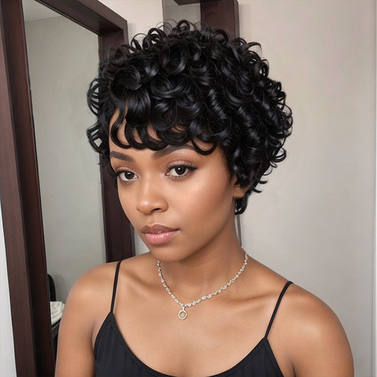 Load image into Gallery viewer, Short Natural Black Glueless Chic Curly Wig With Swept Bangs 100% Human Hair Wigs
