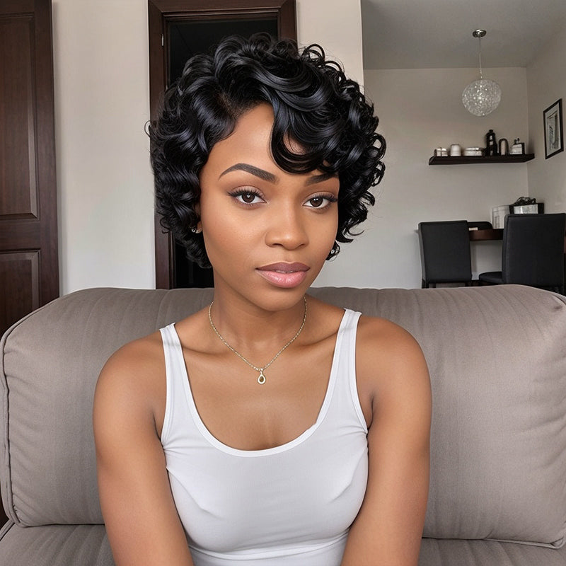 Short Natural Black Glueless Chic Curly Wig With Swept Bangs 100% Human Hair Wigs