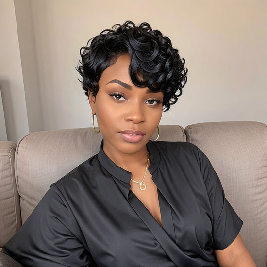 Short Natural Black Glueless Chic Curly Wig With Swept Bangs 100% Human Hair Wigs