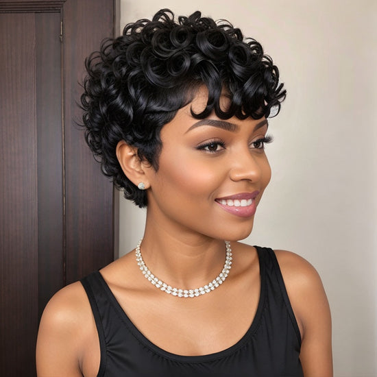 Load image into Gallery viewer, Short Natural Black Glueless Chic Curly Wig With Swept Bangs 100% Human Hair Wigs
