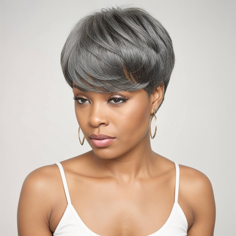 LinktoHair Short Salt And Pepper Human Hair Pixie Cut Wig