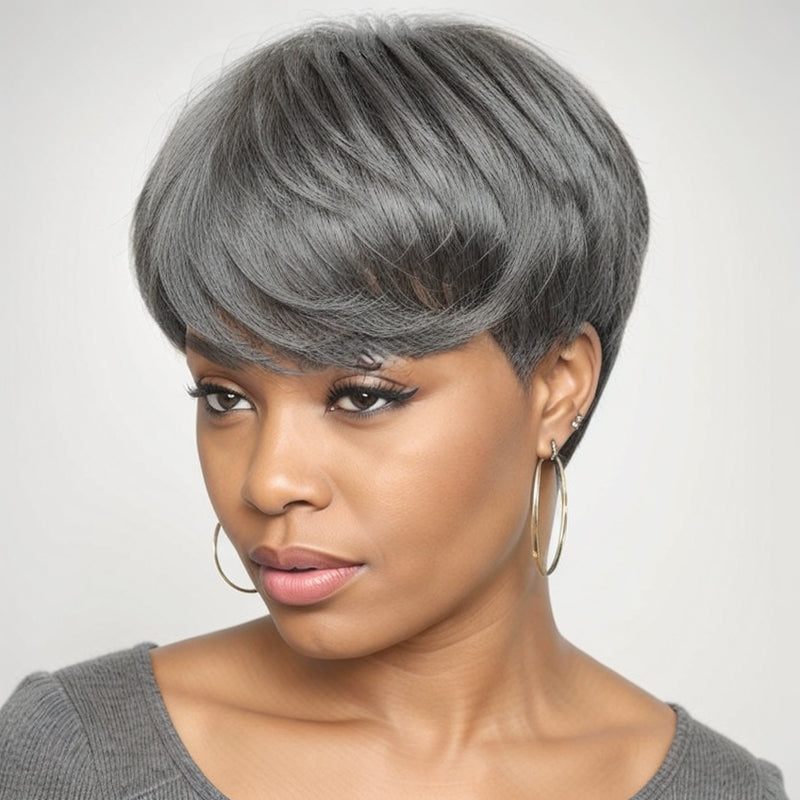 LinktoHair Short Salt And Pepper Human Hair Pixie Cut Wig