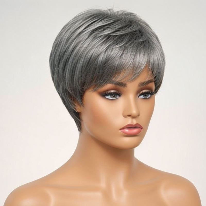 LinktoHair Short Salt And Pepper Human Hair Pixie Cut Wig